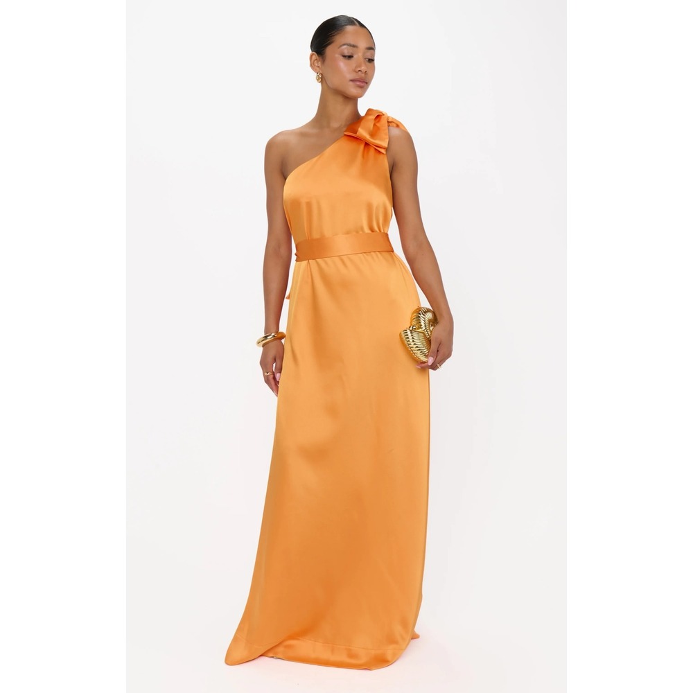 Orange Satin One Shoulder Maxi Dress Bow Detail Formal Gown Sleeveless Orange